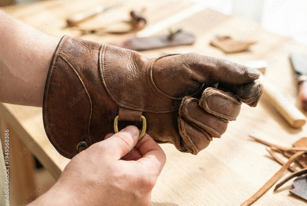Obraz premium Person adjusting strap on heavy brown leather protective falconry gauntlet glove on left hand