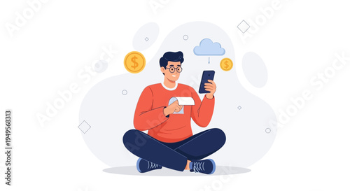 Man using smartphone for online banking and finance management, sitting cross-legged with coins and cloud icon