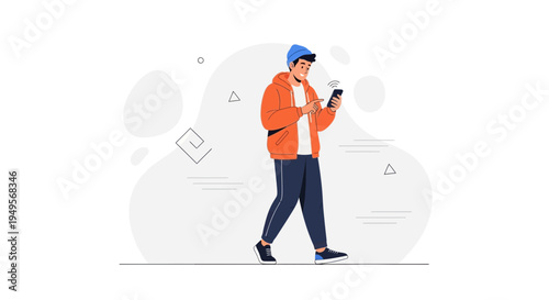 Young man in orange jacket walking and using smartphone, modern flat illustration