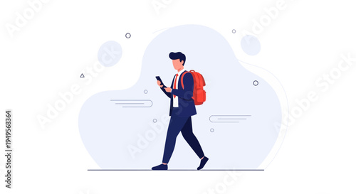 Man in Suit with Backpack Walking and Using Smartphone, Business Commute