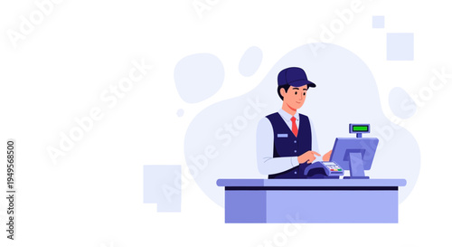 Cashier Working at Counter with Computer and Payment Terminal - Flat Design Illustration