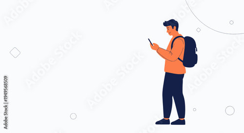 Man with backpack using smartphone, minimalist flat design, travel concept