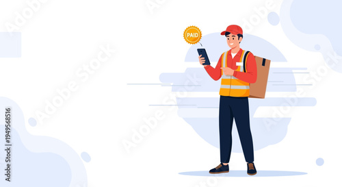 Delivery man with package and smartphone showing payment confirmation