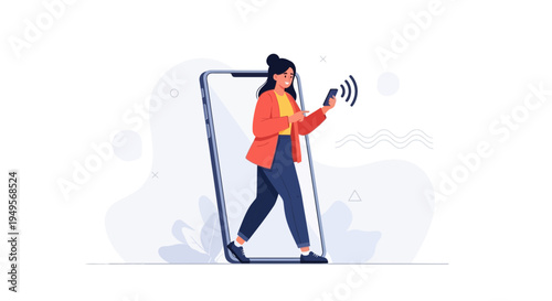 Woman Emerging from Smartphone Screen, Holding Phone, Connected World Concept