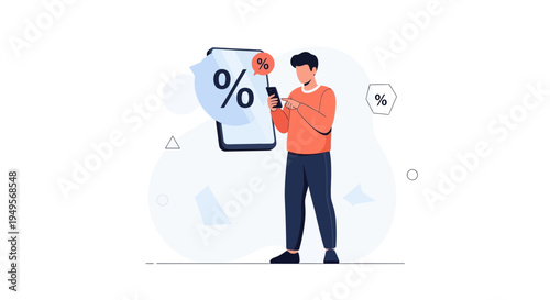 Man Using Smartphone with Percentage Symbols, Online Shopping Discount Concept