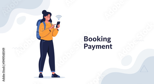 Woman with backpack using smartphone for booking and payment, travel concept