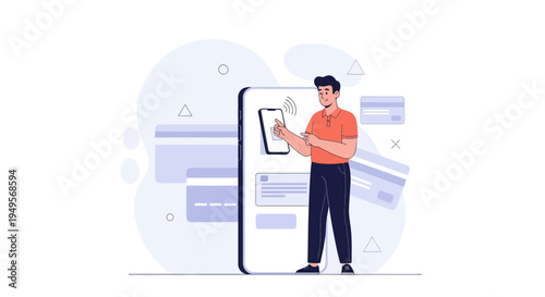 Man using mobile phone for online payment with credit cards in background