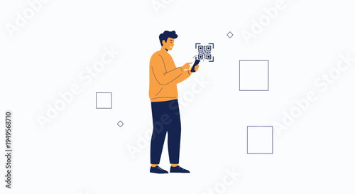 Man scanning QR code with smartphone, modern technology concept