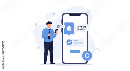 Man using mobile banking app for successful payment transaction on smartphone