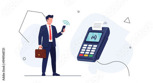 Businessman making contactless payment with smartphone at POS terminal