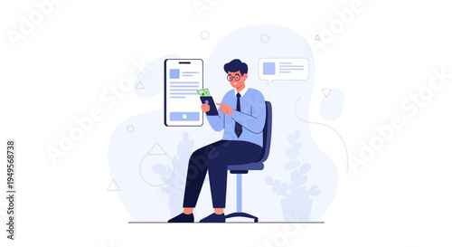 Man using smartphone for online banking and mobile payments, modern flat illustration
