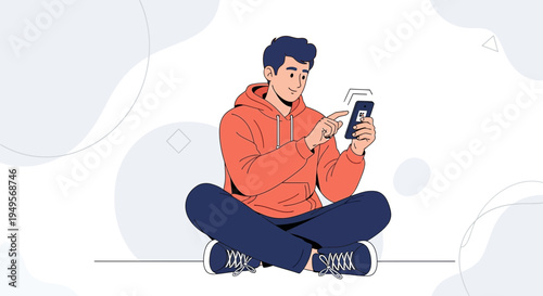 Young Man Sitting Cross-legged Using Smartphone, Casual Orange Hoodie