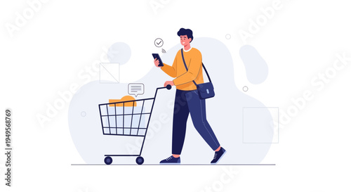 Man with Shopping Cart and Smartphone, Online Shopping Concept, E-commerce