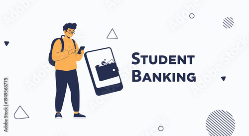 Student Banking App: Young man with backpack using mobile banking on smartphone