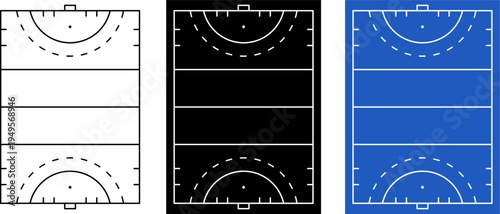 Field hockey field top view vector set with clean field markings. Includes blue turf, outline and black background versions. For sports diagrams, coaching strategy, infographics and design templates.