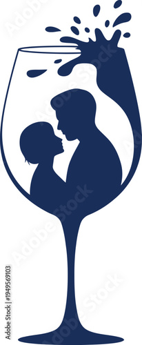 Silhouette of a romantic couple kissing inside a wine glass with liquid splashing out