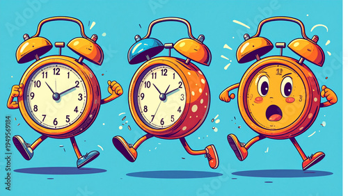 Retro vintage alarm clock character in different poses including running waking up and tired expressions with classic cartoon rubber hose style