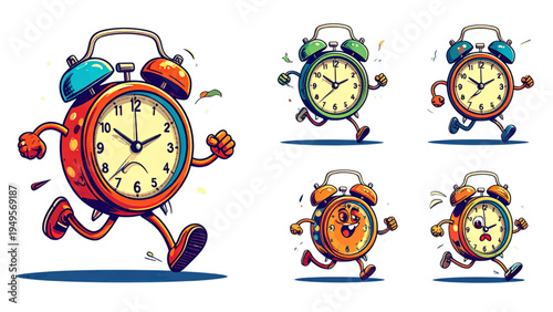 Retro vintage alarm clock character in different poses including running waking up and tired expressions with classic cartoon rubber hose style