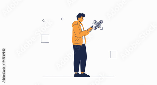 Man scanning QR code with smartphone, modern technology concept illustration