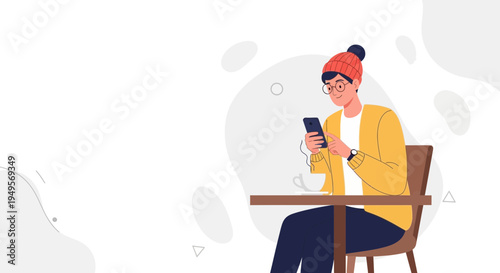Young man in warm clothes using smartphone at cafe table with coffee cup