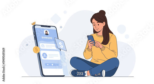 Woman using mobile banking app on smartphone, digital finance concept