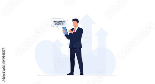 Investment Banking professional using tablet with growth arrows background