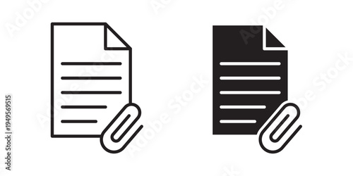 Attach document icon designed in black stroke and fill styles, isolated on a white background. Ideal for file sharing, email attachments, and document management concepts.