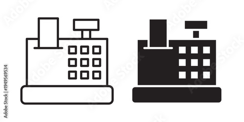 Cash register icon designed in black stroke and fill styles, isolated on a white background. Ideal for retail, payment, and business transaction concepts.