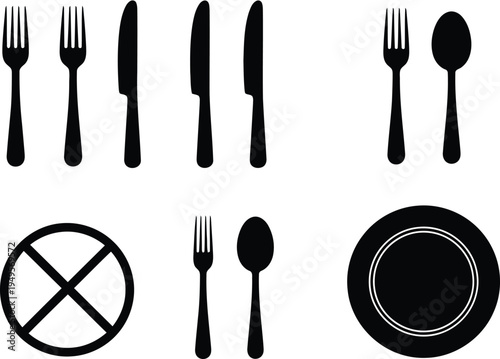 Black and white icons of various dining utensils and tableware symbols Vector