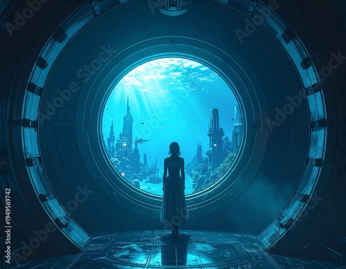 Woman Gazing at an Underwater City Through a Circular Portal.