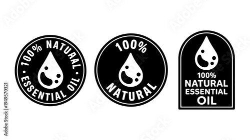 Black and white natural essential oil labels and badges design elements