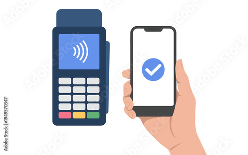Hand holding smartphone with mobile payment confirmation on screen next to terminal  contactless transaction