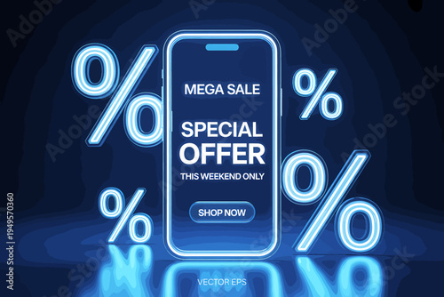 Neon sale offer on mobile phone screen with percentage signs around it
