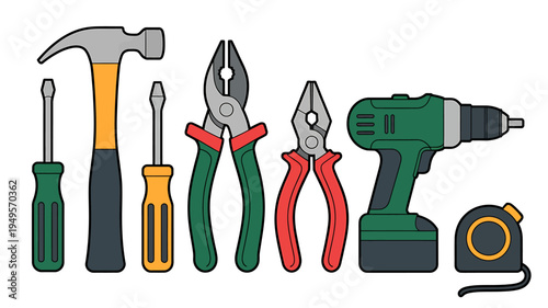 Collection of hand tools for DIY projects and home repairs on white background