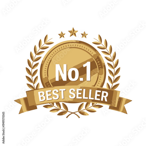 Golden best seller award badge with laurel wreath and stars