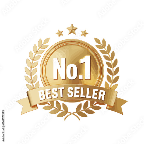 Golden best seller number one award badge with laurel wreath and stars icon