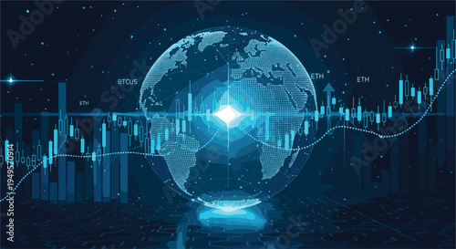 Global Cryptocurrency Trading Concept with Digital World Map, Blockchain Network, Financial Chart Analysis and Bitcoin Ethereum Market Data Visualization