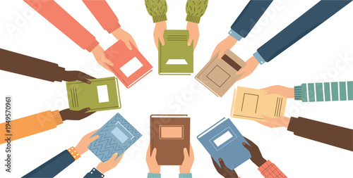 Diverse Hands Holding Books Circle Illustration Representing Education, Book Club Community, Reading Culture, Knowledge Sharing, and Multicultural Learning Concept Vector Design