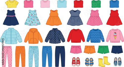 Big collection of children clothing and footwear icons including dresses t-shirts jackets pants shorts and various shoes flat vector illustration set
