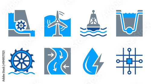 Sustainable water energy concepts and hydroelectric power generation systems, featuring renewable technology and water management solutions for a modern future