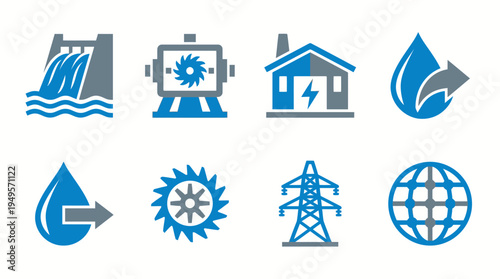 Set of energy and power icons representing renewable and traditional power generation and distribution