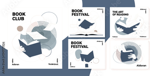 Modern Book Club and Book Festival Social Media Post Templates with Abstract Reading Illustrations, Open Book Graphics, and Contemporary Editorial Layout Design Set