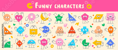 Set of cute geometric characters made from simple figure faces. Color blobs with tiny stick legs, big eyes and funny emotions.