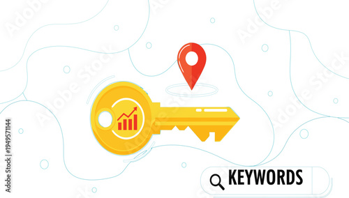 SEO Keyword Research and Digital Marketing Optimization Concept with Key Location Pin and Growth Analytics Symbol for Search Engine Strategy Vector Illustration