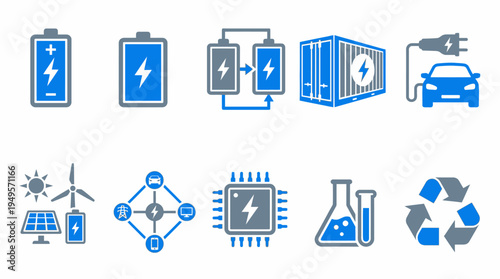 Collection of icons representing renewable energy, electric vehicles, and scientific research