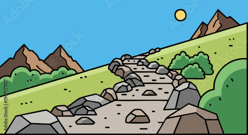 Mountain landscape with a rocky hiking trail on a sunny day, vector illustration.