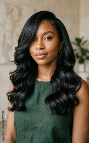 A striking rear view of a woman with beautiful hair dyed a vibrant black color