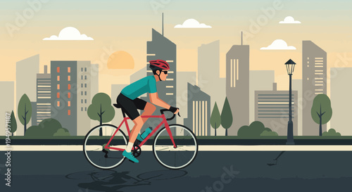 Man cycling on a modern bicycle in an urban park with a city skyline in the background at dawn.