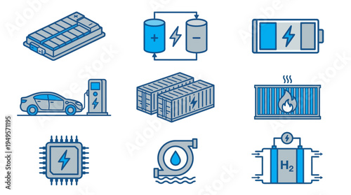 Comprehensive collection of modern icons representing electric vehicle technology, advanced battery storage, and sustainable energy solutions for a cleaner future