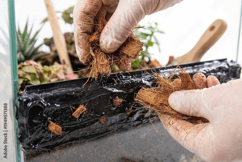 Obraz premium Hands pressing dry coco fiber onto wet black silicone to create a natural looking terrarium background